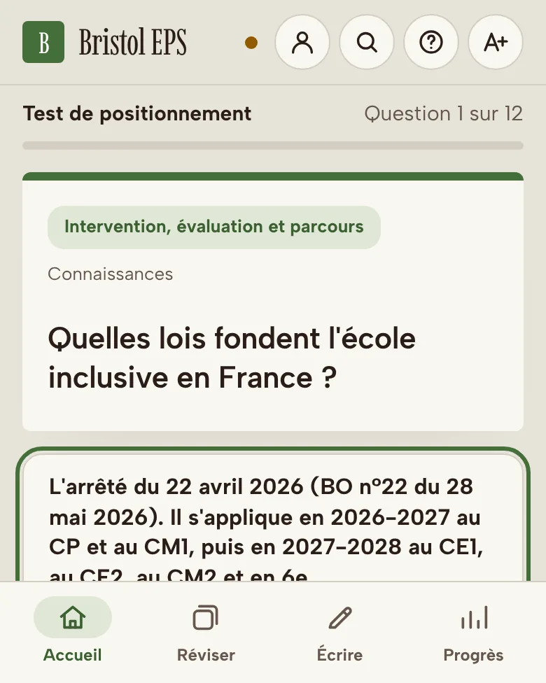 Le test de positionnement réglé sur le CAPEPS interne : une question sur l’école inclusive, tirée des fiches de ce concours.